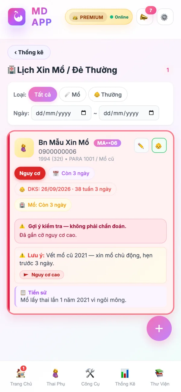Tab lịch xin mổ và đẻ thường