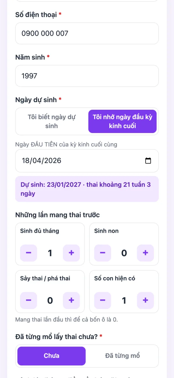 Thai phụ điền ngày kinh cuối