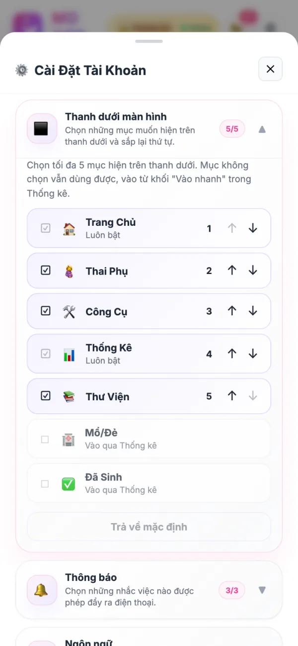 Chọn mục trên thanh dưới màn hình
