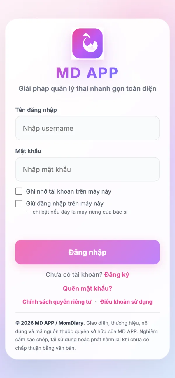 Màn hình đăng nhập MD APP